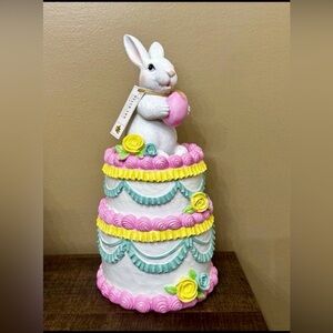 White Bunny Cake Figurine with Pink, Yellow & Aqua Accents